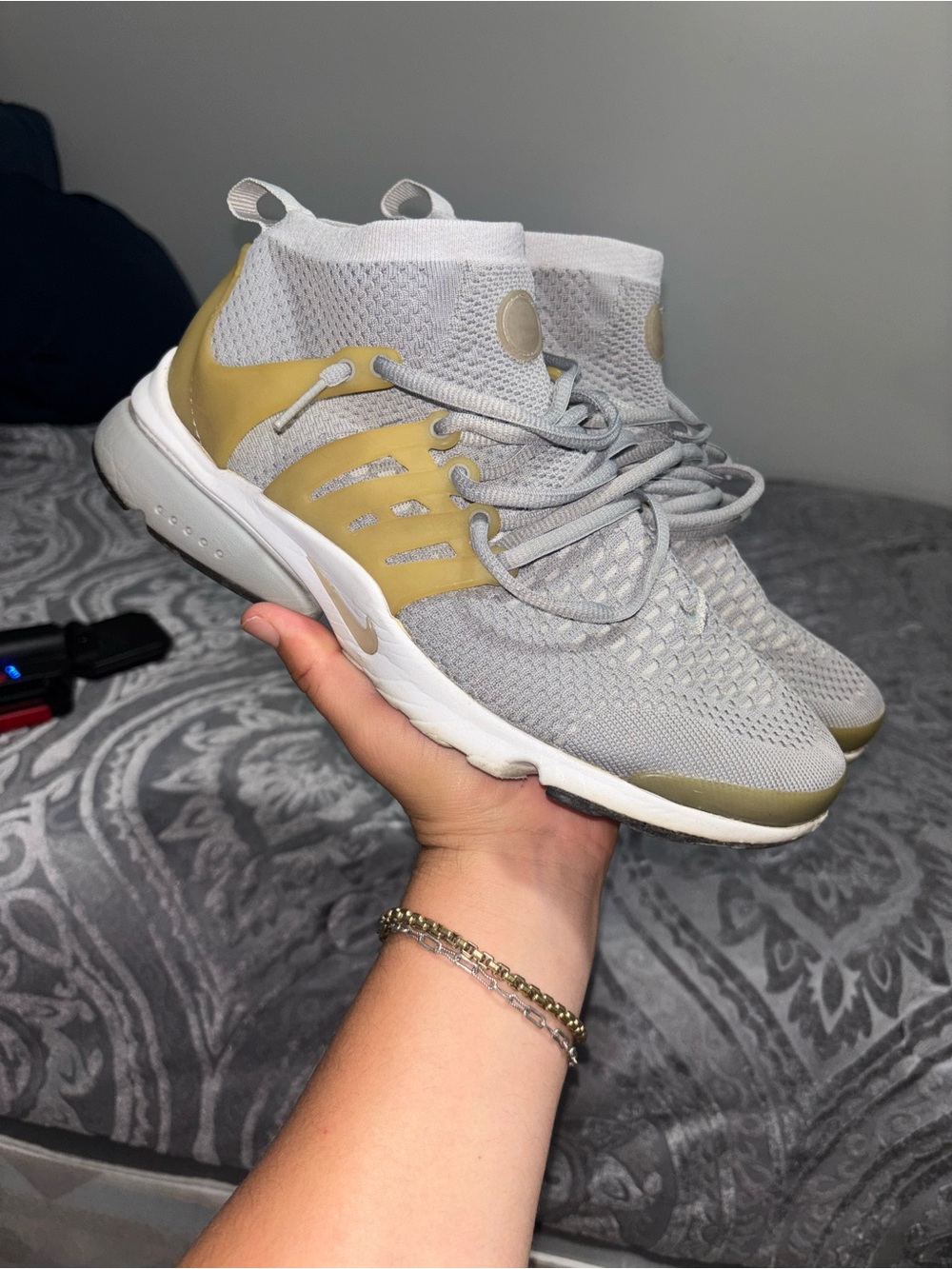 Nike Women's Gray Knit High-Top Sneakers with Gold Accents